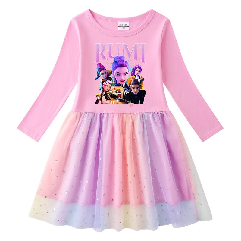 Children's Kpop Demon Slayer Rainbow Sequin Princess Dress - Short Sleeve Summer & Long Sleeve Spring/Autumn Options