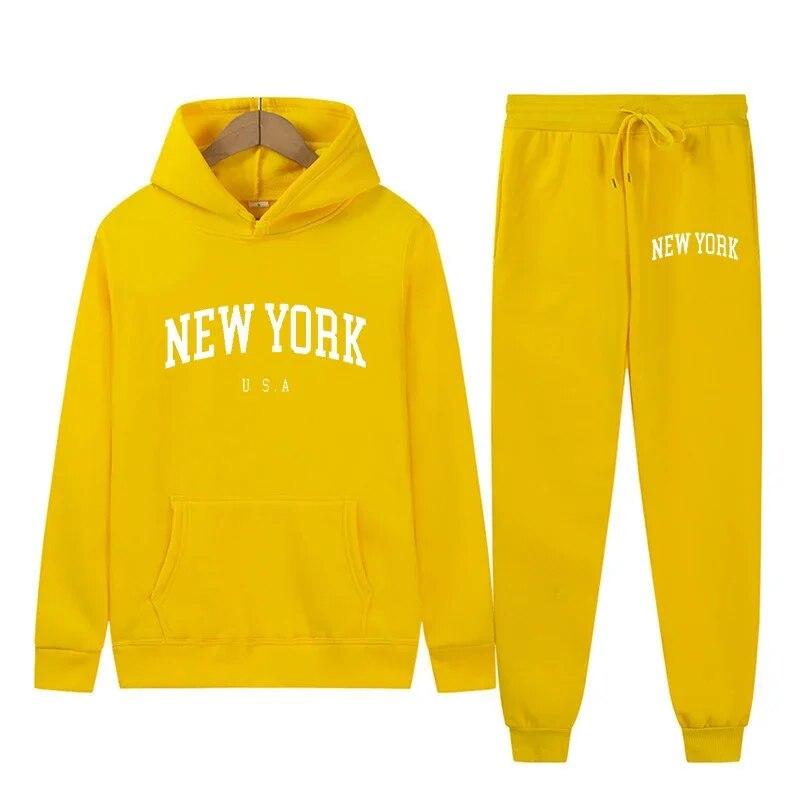 New York Letter U.S.A City Hoodies + Pants 2 Pieces Sets Men Fashion Sweatshirts Women Casual Hooded Pullovers Sportwear Suit
