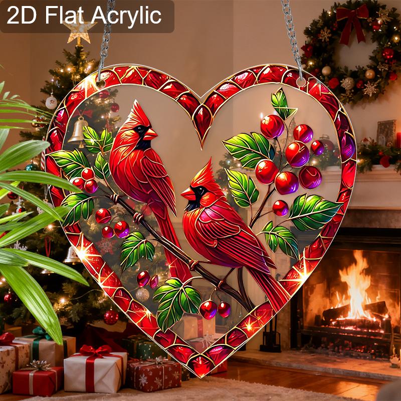 Acrylic Heart-Shaped Cardinal Birds Christmas Suncatcher Stained Glass Effect Window Hanging Ornament Bird Lover Holiday Gifts