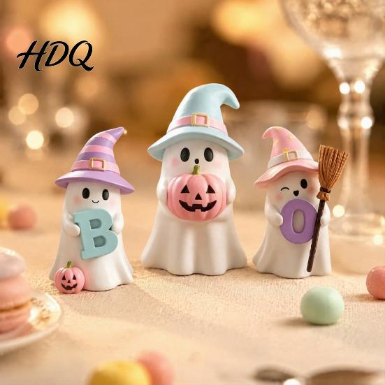 Cool Halloween Decor 3Pcs Pink Ghost Figurines, Cute Spooky Resin Desk with Pumpkin Boo Letter Ornaments BOO Letter, Sweet Tabletop Ornament for Fall