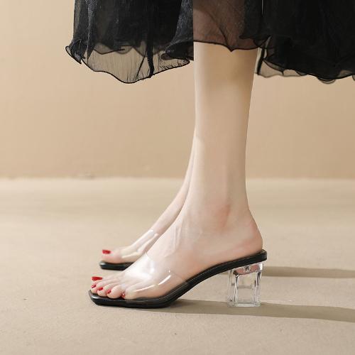 Women Open Toe Transparent Crystal Heel Thick Sandals Slide Slippers Outdoor Vulcanized Shoes Summer High Heels