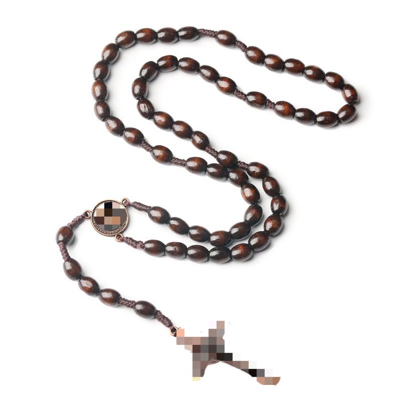 Hand-Knotted Natural Wooden Cross Rosary Necklace with 9x10 Coffee-Colored Wooden Beads