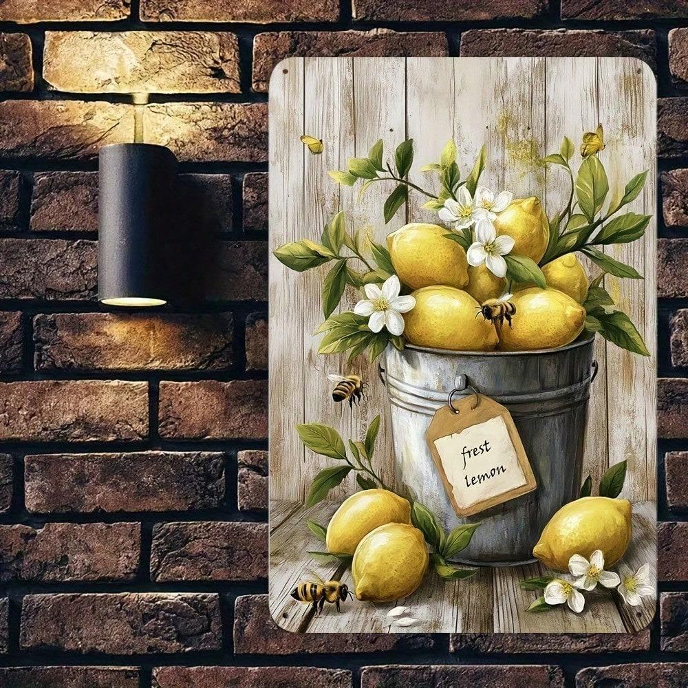 8x12 Inch Rustic Lemon Metal Sign, Vintage Iron Wall Art, Farmhouse Decor with Yellow Lemons