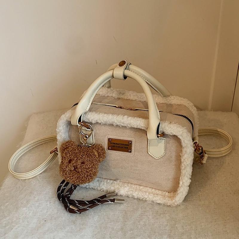 Retro Winter Handtas Matte Crossbody Tas Kleine Pluche Vierkante Tas Met Bedeltje Verstelbare Schouderband Rits Portemonnee