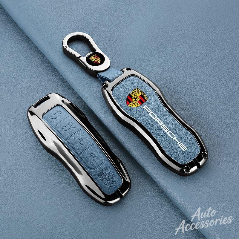 For Porsche MO8Leather Car Key Case Cover Alloy Key Protector Shell For Porsche Macan Cayenne Panamera 718 Boxster Cayman Spyder STICKER