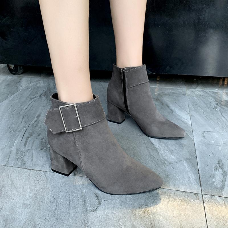 Fashion 2024 Autumn/Winter New High Heels Thick Heel Belt Buckle Pointed Korean Short Boots Women's Suede Shoes