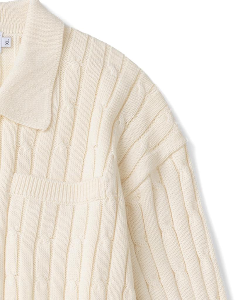 KNITTED Open Collar Pocket Cable Knit Cream