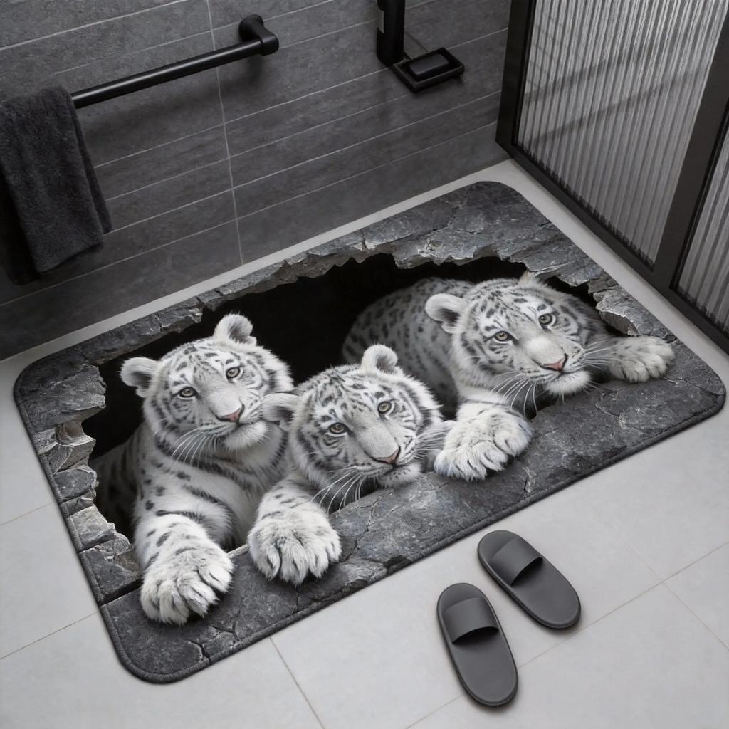 2D Tiger Illusion Door Mat Realistic Breaking Through Wood Print Non-Slip Washable Carpet Entrance Rug for Bathroom Livingroom