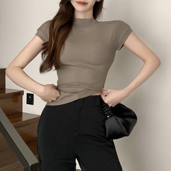 Women Tops Half High Collar Short Sleeves Slim Fit Tee Shirt Solid