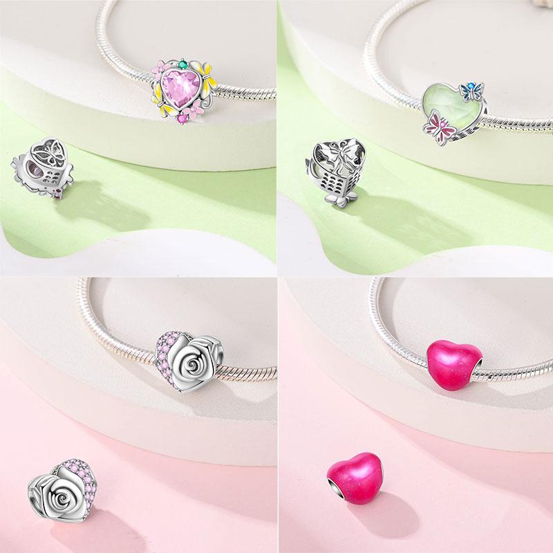 copper Sparkling Pink Heart Charm Pendant Bead Charms Compatible With Authentic Bracelets for Women Valentine Day Jewellery Gifts