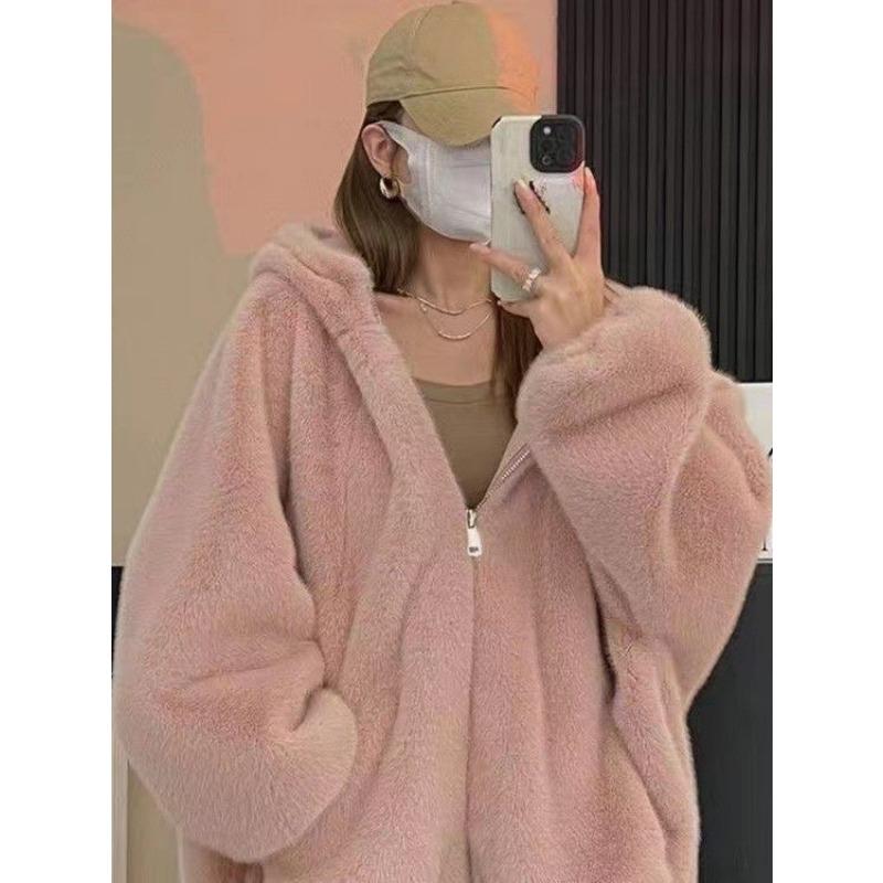 Manteau en fausse fourrure pour femme, sweat à capuche décontracté, ample, moelleux, épais, chaud, mode hiver, solide, fermeture éclair, vêtements d'extérieur chauds pour dame