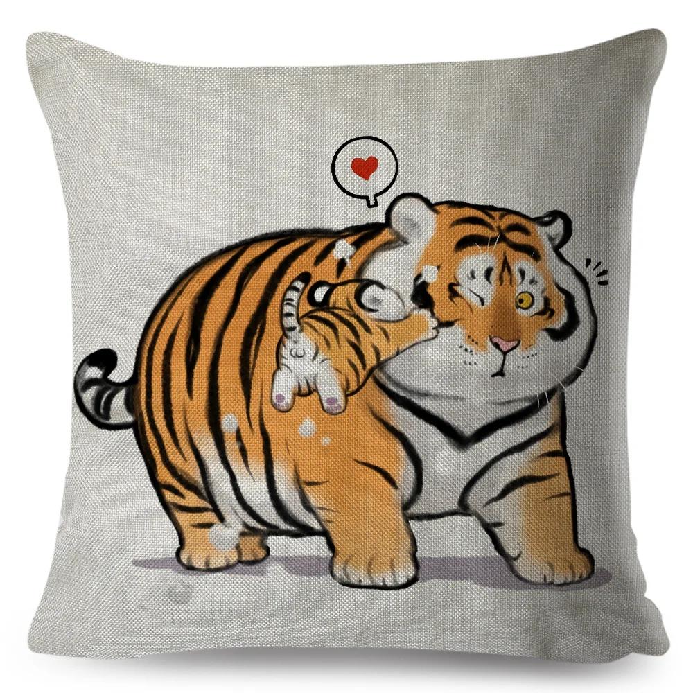 Grappige dikke tijger kussenhoes, schattige cartoon dieren kussenhoes voor bank, huis, auto, linnen, Chinese inkt sierkussenhoes