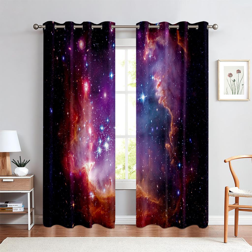 Dreamy Purple Starry Sky Meteor 3d Printing Curtain Bedroom Living Room Study Decorative Curtain Easy To Wash And Care 2 Pieces