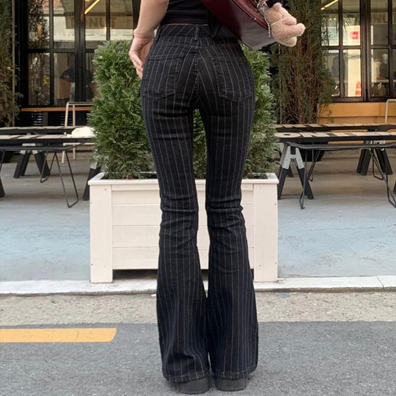 Clothes Y2k Low Boot Cut Jeans Women Casual Black Striped Trousers Streetwear Flare Pants