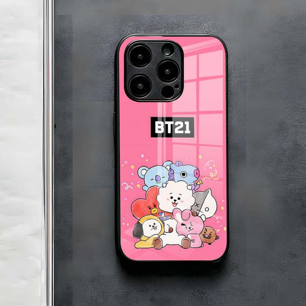 Cute Cartoon B-BT21s Phone Case For IPhone 17 Air 16 E Pro Max 15 14 13 Mini 12 Pro 11 Max Plus Black Glass Cover