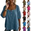 Womens Spring Tops Loose Fit Square Neck Summer Shirts for Women Three Quarter Sleeve Button Design Casual Blouse Dressy Tops for Women