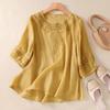 Women's Retro Embroidered Cotton Linen Shirt - Round Neck, Loose Fit, Lightweight Summer Top