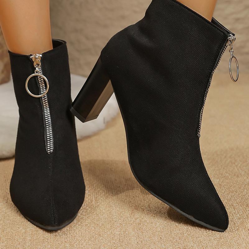 Flock Zip Decor Ankle Boots for Women Pointed Toe High Heeled Modern Boots Woman Autumn Plus Size Comfort Platform Casual Boots