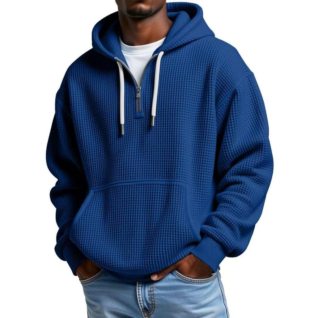 European Heavyweight Waffle Long Sleeve Hooded Sweatshirt - Men's Loose Fit, Pure Color, Casual Style