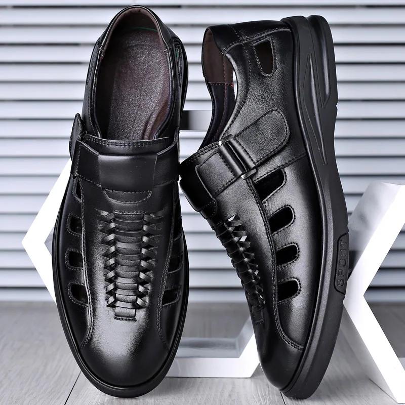 Big Size 46 47 Men's Sandals Genuine Leather Shoes Men Flats Sandals Breathable Footwear Men's Shoes Hollow Out Leather Sandals