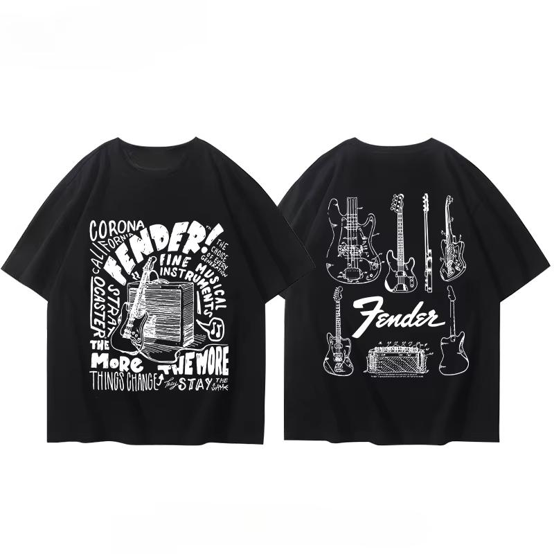Zomer Heren T-shirt Fender Elektrische Gitaar Band Korte Mouw Jongens en Meisjes Zomer Gitarist Kostuums Rond Bedrukt T-shirt