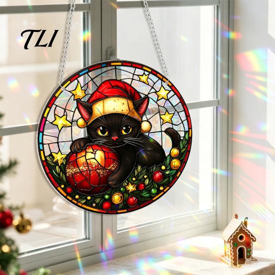 Christmas Home Entrance Accents 2D Acrylic Suncatcher, Stained Glass Style Black Cat Window Hanging, Seasonal Art Decorations Colorful Hanging Plaque