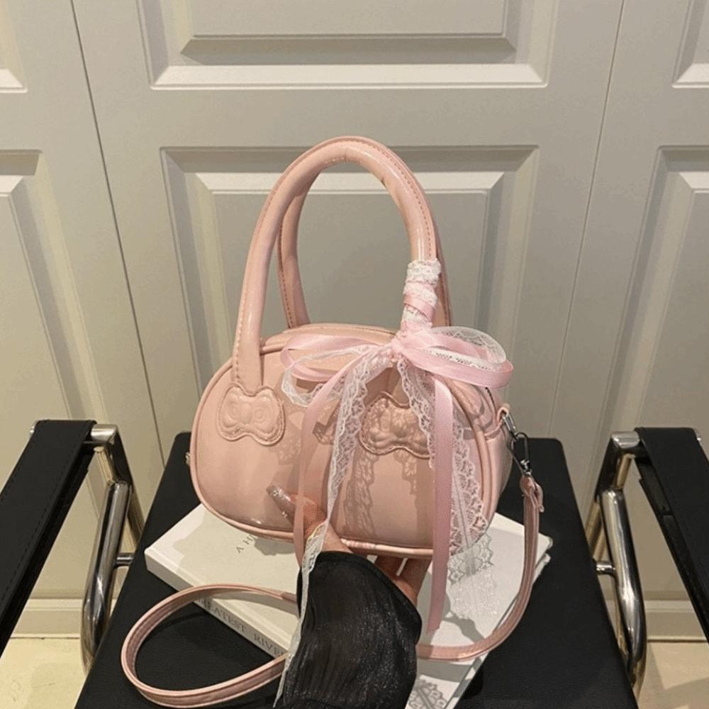Fashion Korean Bow Crossbody Bag Y2k Leisure Lace Ribbons Boston Bag Pu Leather Sweet Commute Handbag Spring And Summer