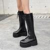 Feamle Schuhe Chunky Plattform Heels Pu Leder Kniehohe Stiefel Frauen Retro Punk Lange Stiefel Frau Lace Up Booties Mujer