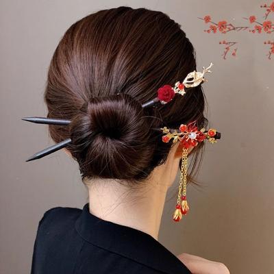 Red Hanfu Hairpin Flower Wooden Hair Stick Classical   For Girl