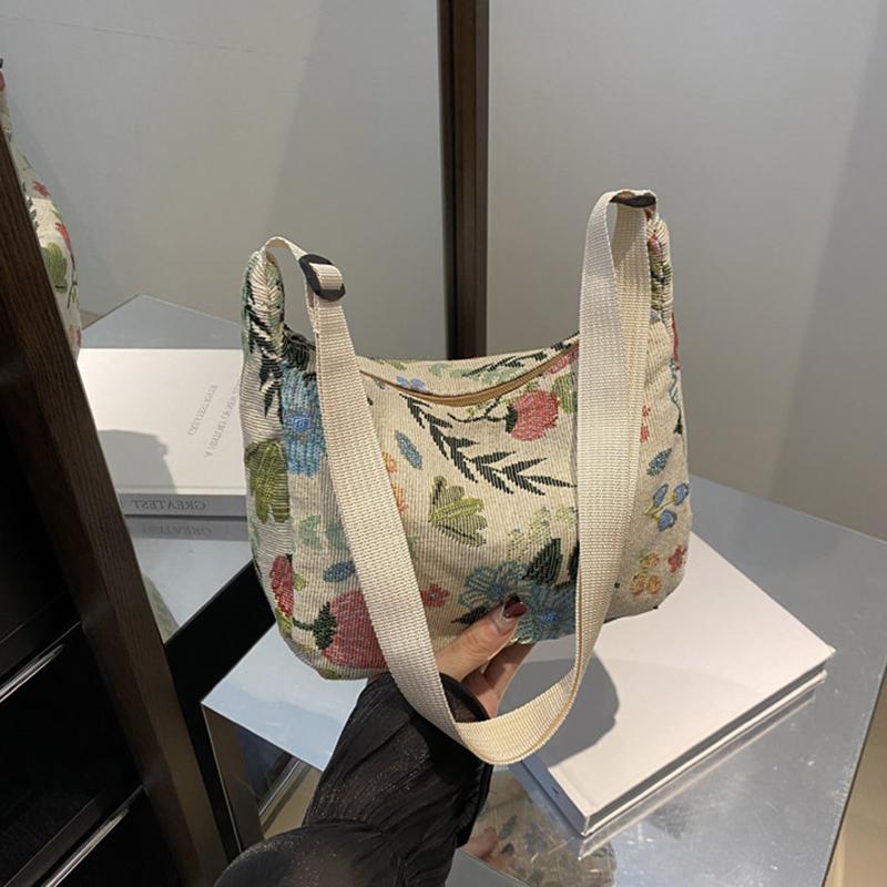 Vintage Floral Print Large Capacity Shoulder Bag with Adjustable Strap Stylish Women’s Mixed Colors Nylon Crossbody Bag AVE