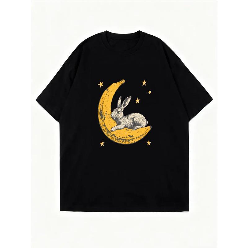 T-shirt Bianca con Stampa Coniglio su Luna e Stelle Top Estivo Casual da Donna
