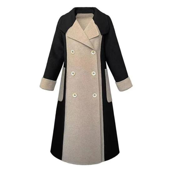 Women Winter Overcoat Turn-down Collar Pockets Contrast Color Double-breasted with Belt Loose Fit Coat Thermal Long Sleeved Commuting Dating Coat