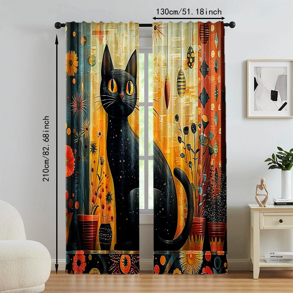 Versatile Polyester Transparent Curtains Home Decoration Cat Floral Use Bedrooms Living Rooms Curtain Set Of 2 Made Washable Great Room Ready