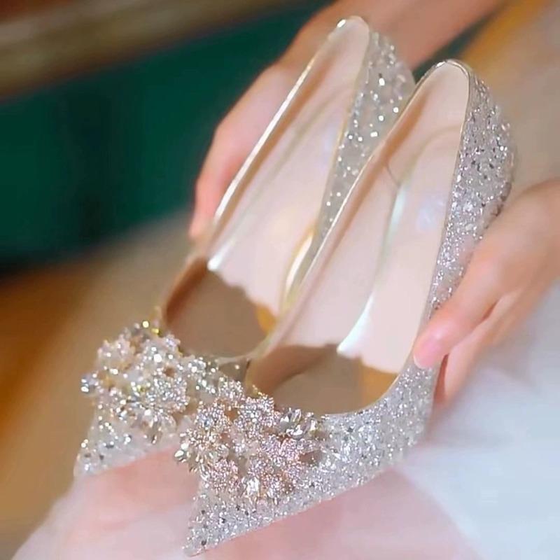 Fashion Womens High Heel Shoes Fad Elegant Crystal Pointed Toe Pumps Retro Shallow Mouth Banquet Party Wedding Women Shoes Zapatos Mujer
