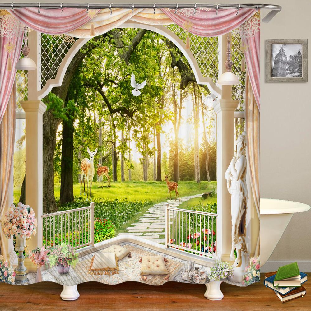 Bathroom Waterproof Shower Curtain Polyester 3D Mountain Garden Seaside Beautiful Flower Landscape Print Home Decoration Curtain