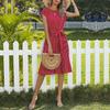 Women Polka Dot Print Midi Dress Crewneck Short Sleeve A-line Dress with Belt Summer Beach Swing Sundress
