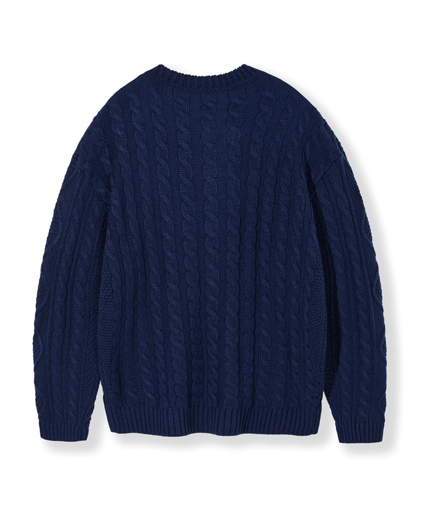 Nodu Fisherman Cable Round Neck Semi-Oversized Long Sleeve Knit Cable Knit Cardigan [Navy]