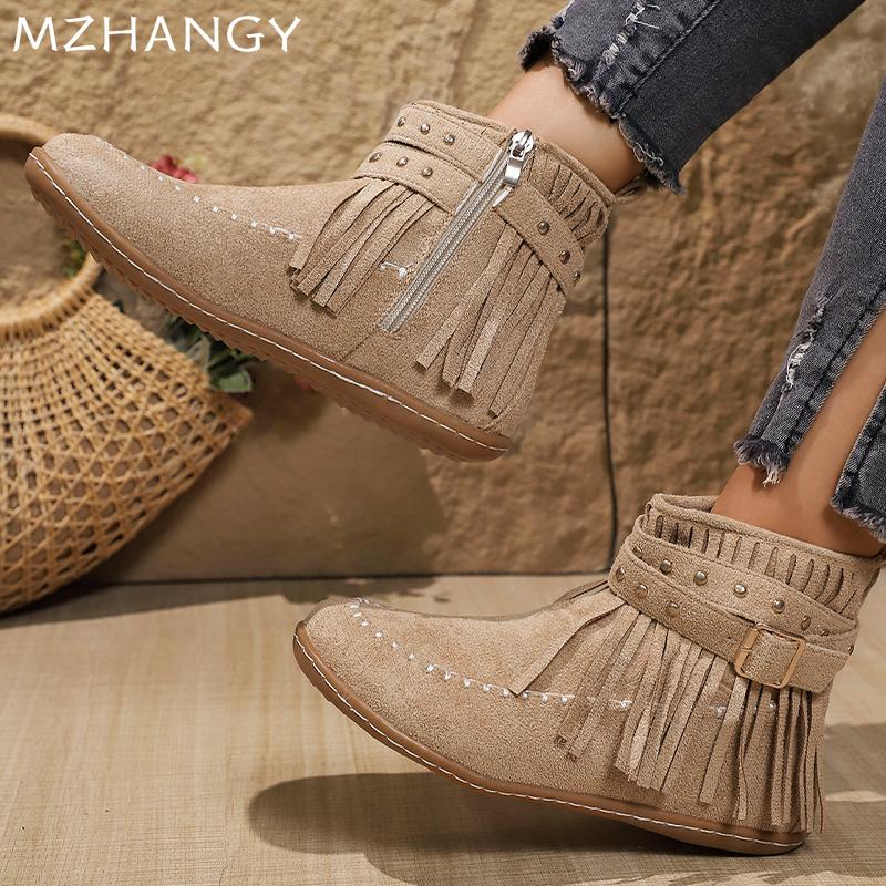 Mode Fransen Flats Damen Stiefeletten Wildleder Mode Lässig Bequeme Laufschuhe 2024 Winter Neue Marke Designer Kleid Schnee Botas Mujer