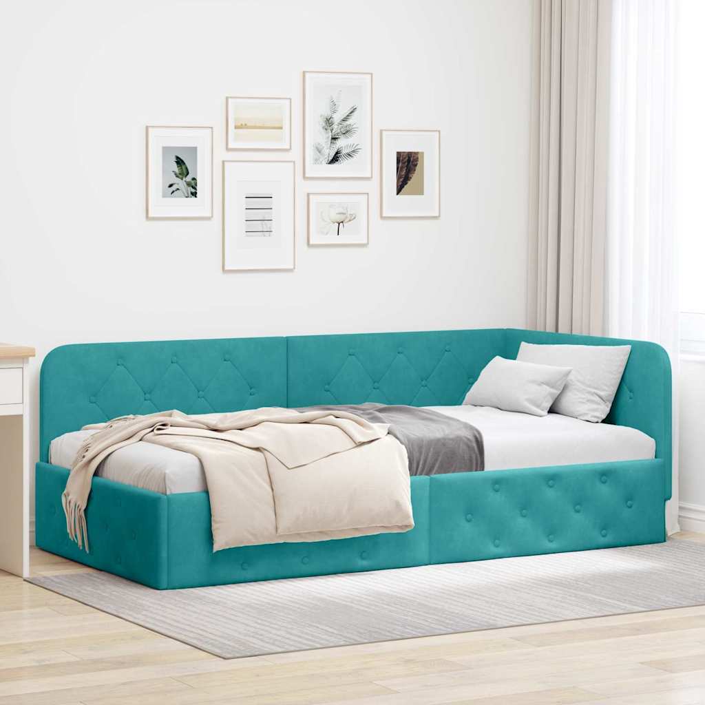 L Shaped Corner Bed Frame Turquoise 90 x 190 cm Velvet