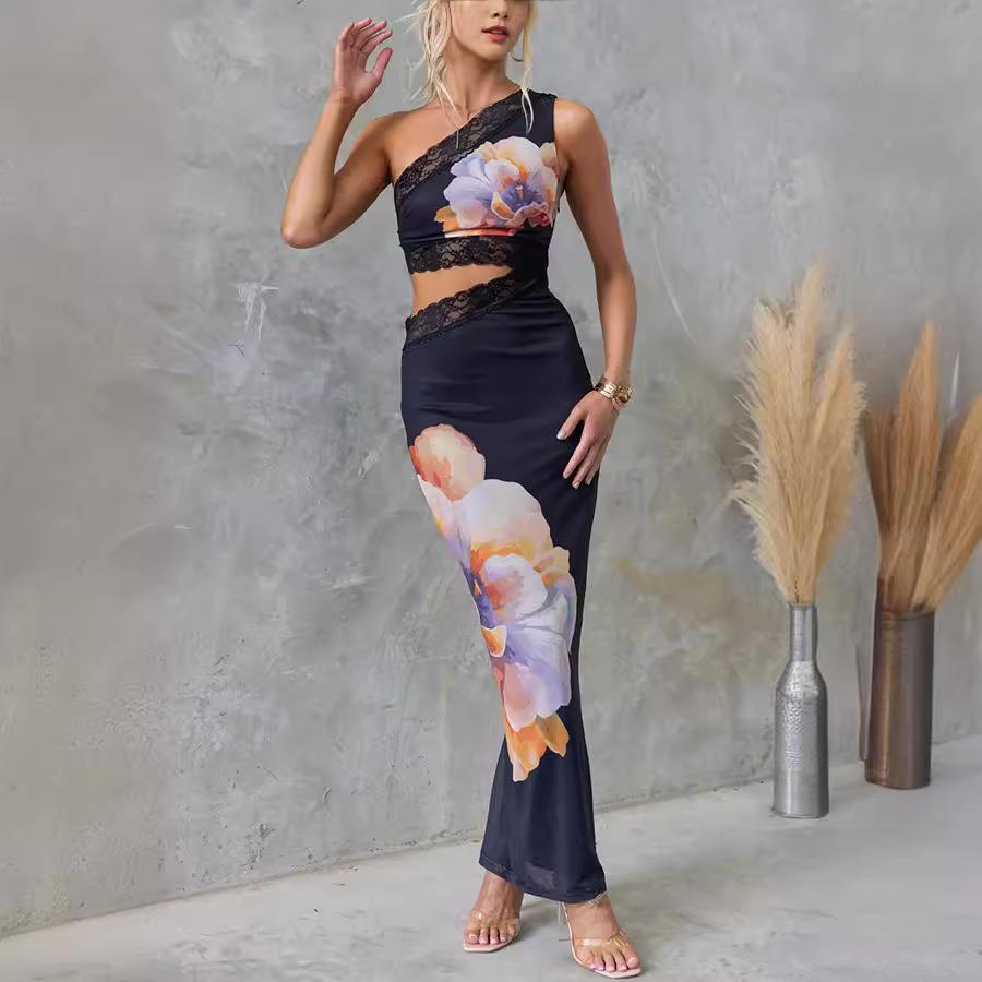 YYFS Women's Fashion Summer Spring Flower Pattern Print Sleeveless Oblique Collar High Waist Casual Dresses