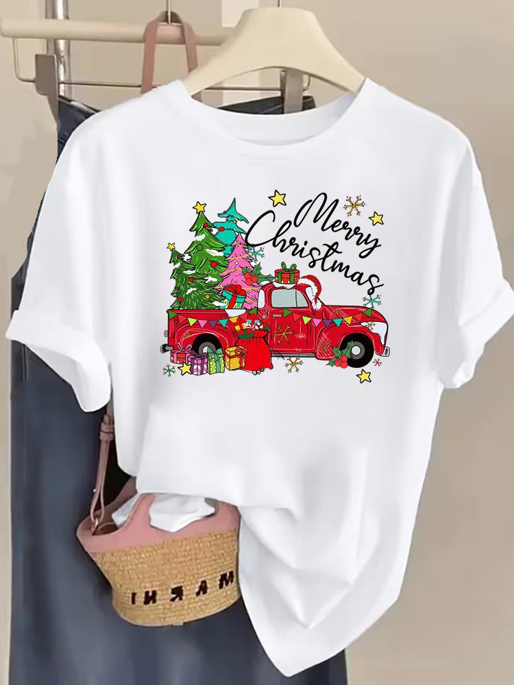 (Asian Size) Lovely Truck Letter Tee Top Christmas Festival New Year Clothing T Shirt Women Fashion Print Female Woman Short Sleeve Graphic T-shirts