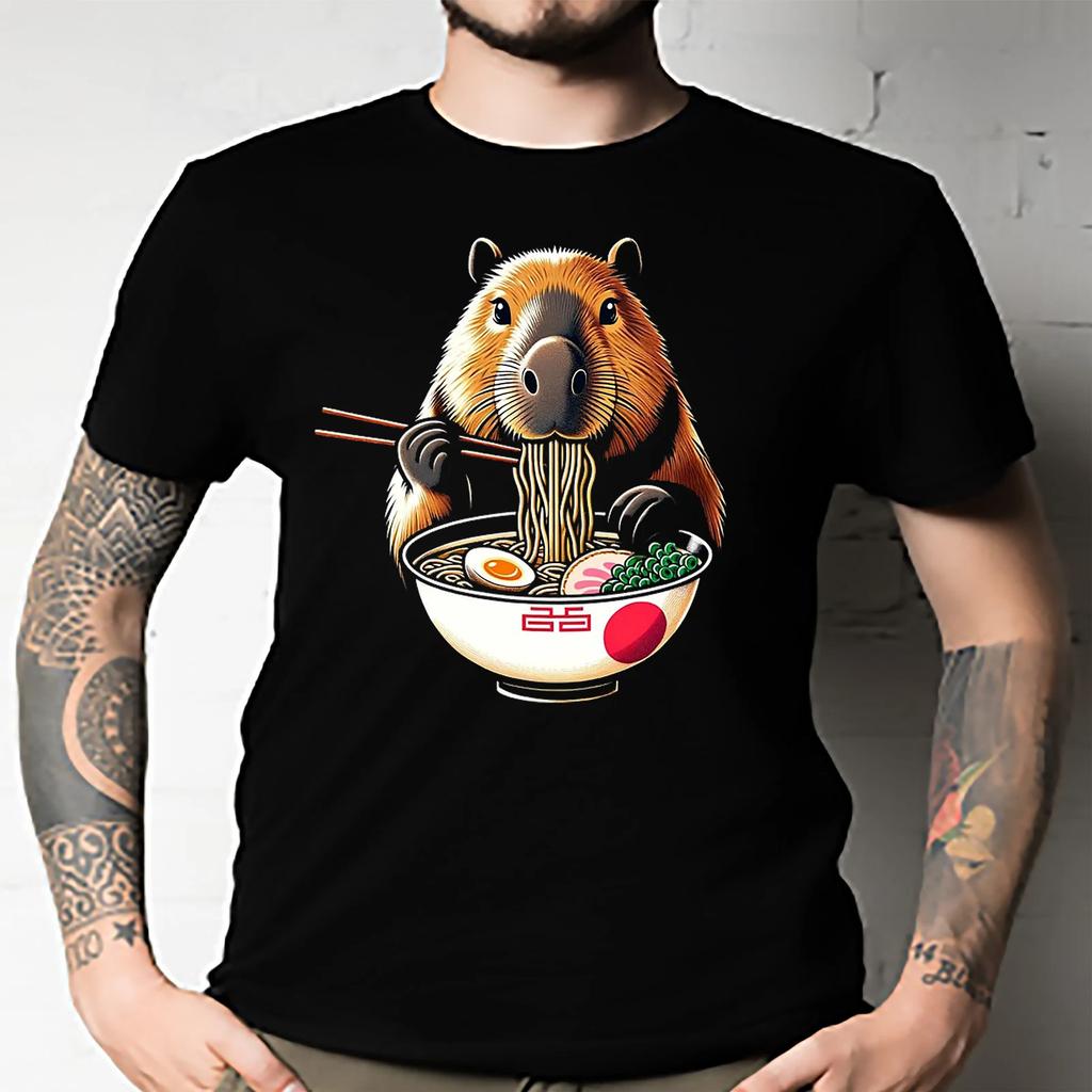 Men's and Women's T-shirts Japanese Art Noodle Foodie Cute Capybara Meme Ramen