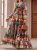 European Retro Bohemian Early Spring Stand Collar Print Long Dress