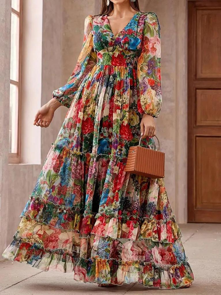European Retro Bohemian Early Spring Stand Collar Print Long Dress