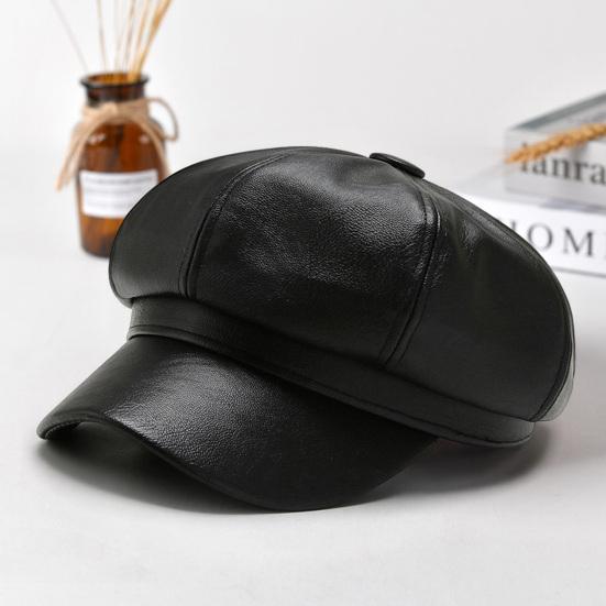 Baskenmütze für Damen, Frühling und Sommer, Retro, einfarbig, Kunstleder, kurze Krempe, dekorativer Sonnenschutz, Anti-UV, atmungsaktiv, Malerhut, Unisex, achteckige Kappe