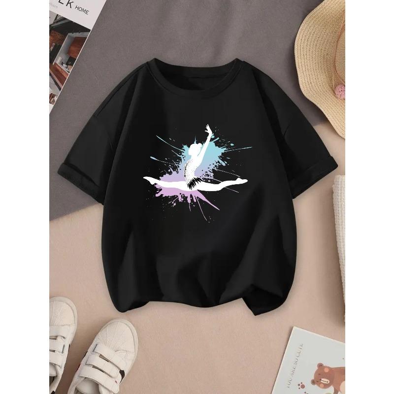 Europeiska storlekar Flickors Bomulls-T-shirt med Grafiskt Tryck av Balettdansös - Mjuk Stretch Rund Hals Sommar Casual Topp