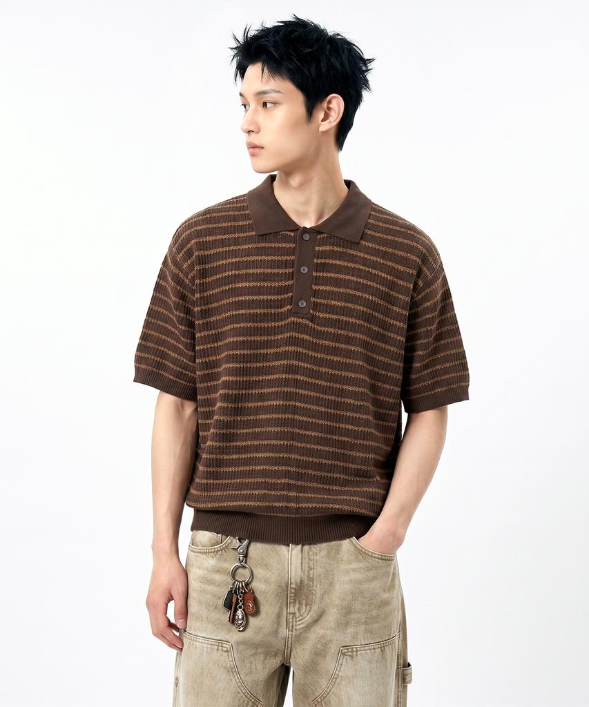 UNDEROFF Oversized Striped Collared Knit Brown