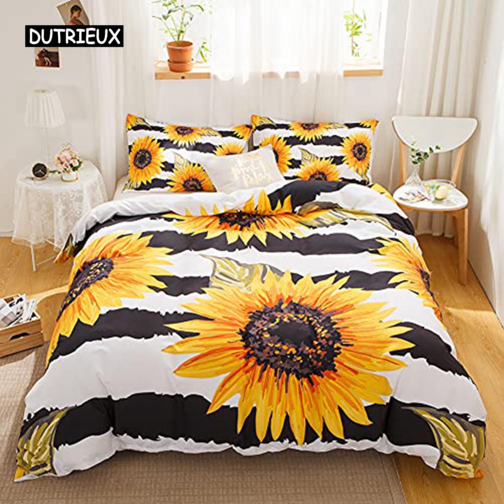 Yellow Flower Bedspread Cover Collection Sunflower Bedclothes Sunflower Fields with Sunset Printed Botanical Flowers Polyester Bed Linen Collection