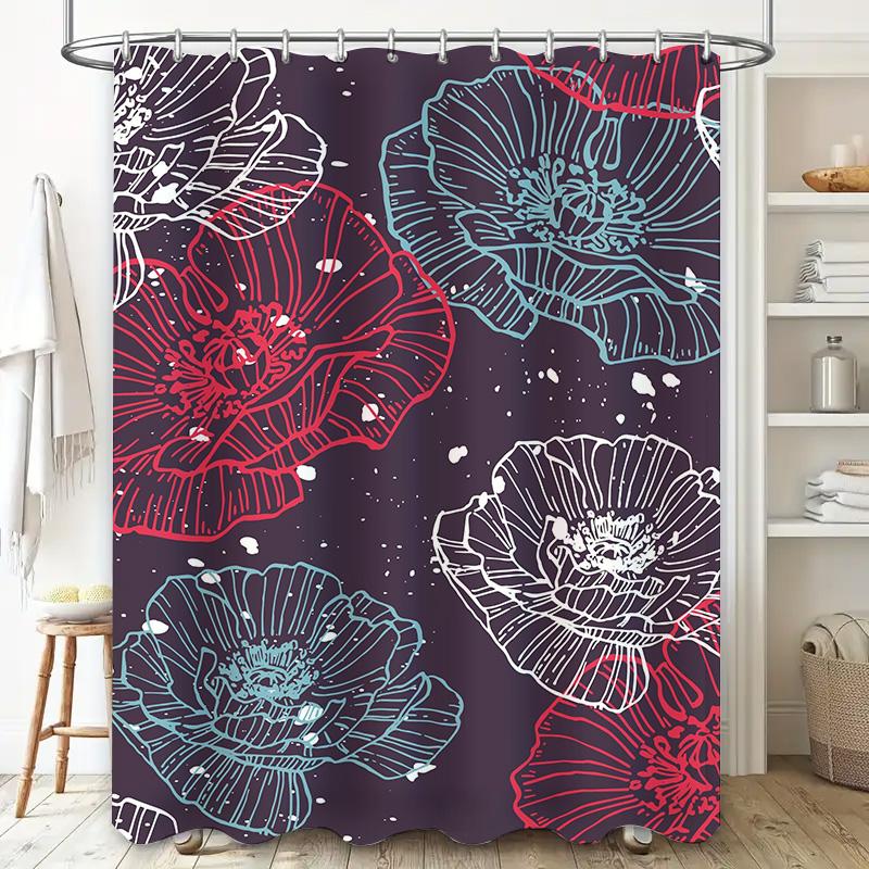 Vibrant Floral Shower Curtain Poppy Print Bath Decor with Rod Pocket for Home Use in Red Blue Colors (Size180x240cm)