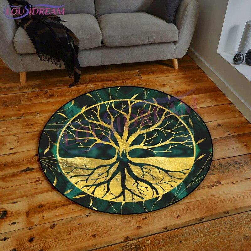 Tree of Life Yin Yang Pattern Round Carpet Tree of Life Rainbow Print Carpet Living Room Round Mat Yggdrasil Runic Round Carpet